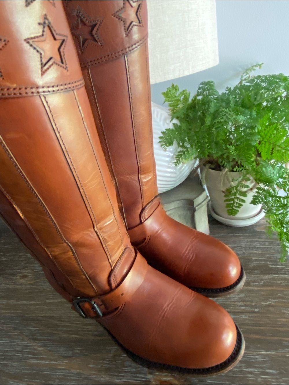 RARE Frye Engineer Americana Ltd Ed Anniversary Leather Tall Boots Women 7.5 Tan - Picture 5 of 16